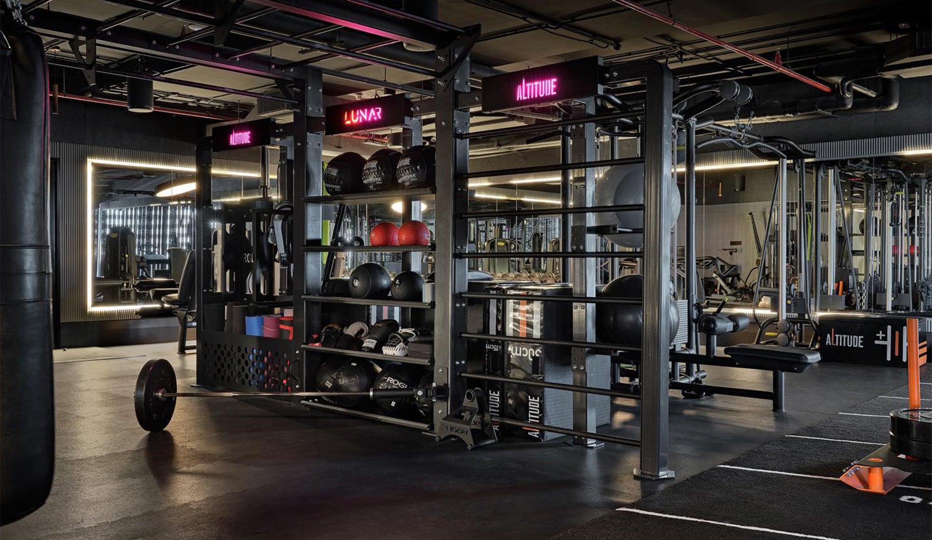 Functional training rig with backlit branding in pink