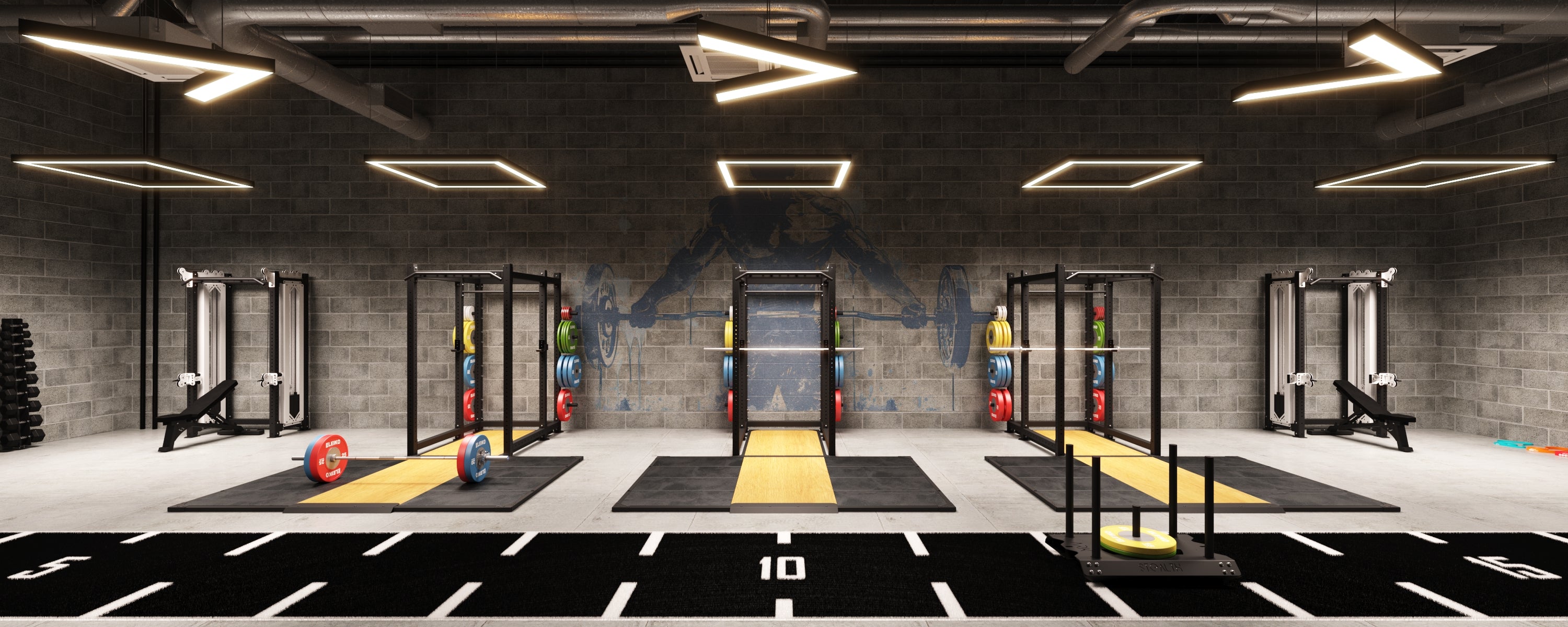 Large Gym with squat racks and black sled track